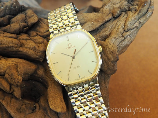 1982 Omega DeVille Calibre 1417 Swiss Made 7 Jewel Stainless Steel & Gold Quartz Mens Dress Watch
